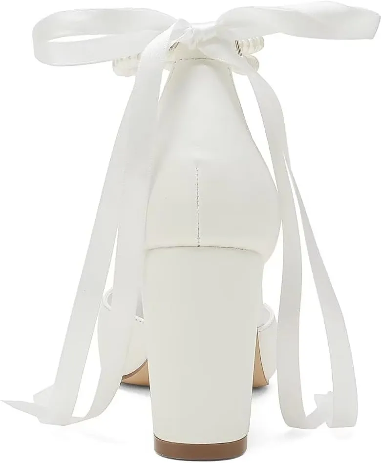 Pearl Wedding Shoes for Bride Block Heel Bridal Shoes Pointed Toe Wedding Heels