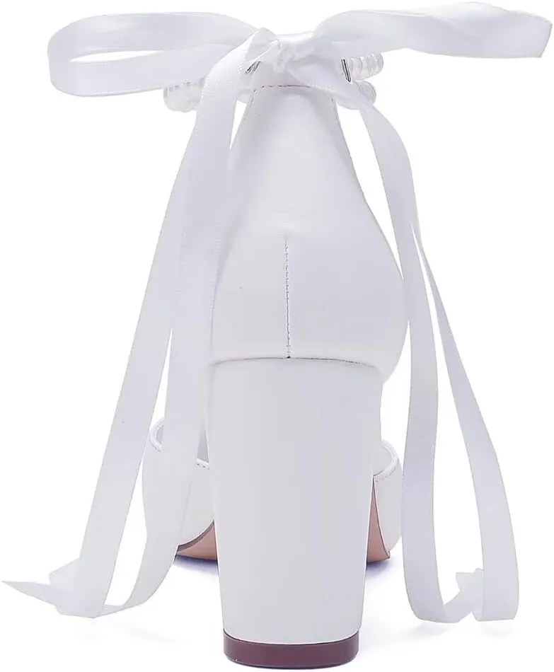 Pearl Wedding Shoes for Bride Block Heel Bridal Shoes Pointed Toe Wedding Heels
