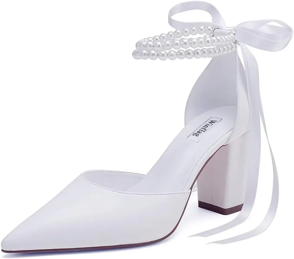 Pearl Wedding Shoes for Bride Block Heel Bridal Shoes Pointed Toe Wedding Heels