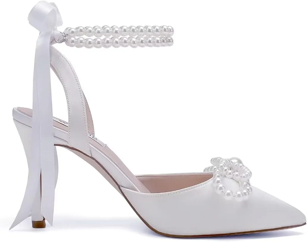 Pearl Wedding Shoes for Bride High Heel Bridal Shoes Closed Toe Wedding Heels