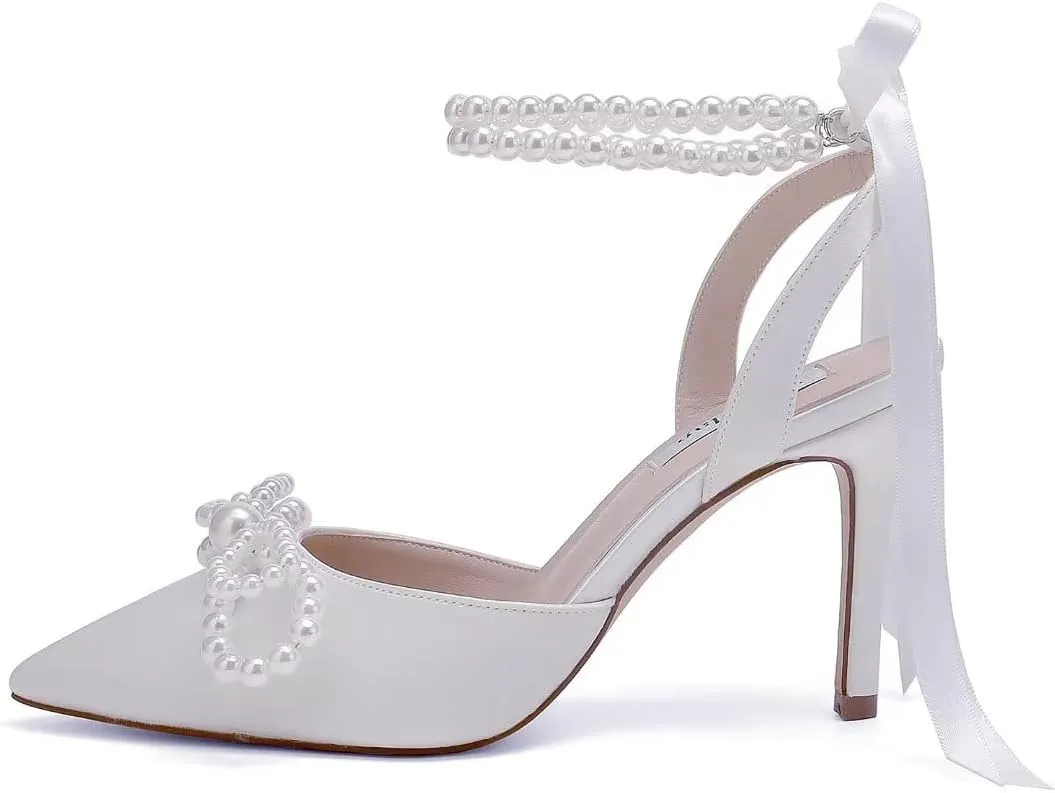 Pearl Wedding Shoes for Bride High Heel Bridal Shoes Closed Toe Wedding Heels