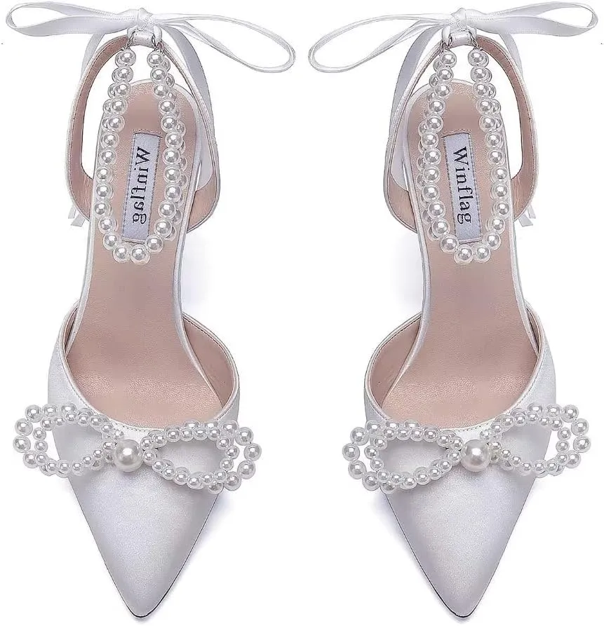 Pearl Wedding Shoes for Bride High Heel Bridal Shoes Closed Toe Wedding Heels