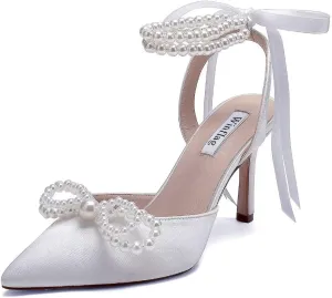 Pearl Wedding Shoes for Bride High Heel Bridal Shoes Closed Toe Wedding Heels