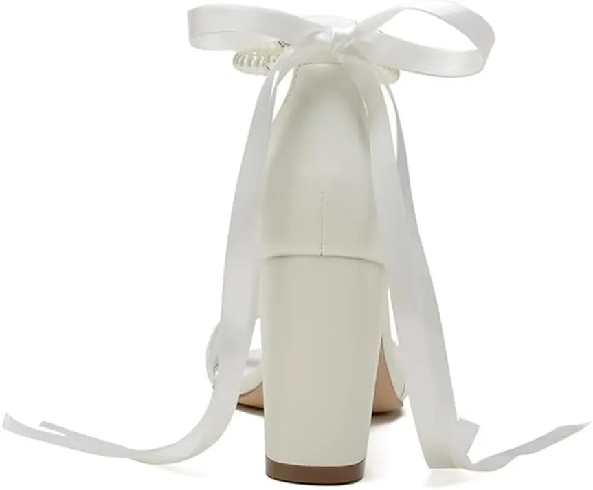 Pearl Wedding Shoes Open Toe Block Heel Wedding Sandals Chunky Heel Bridal Shoes