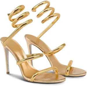 Perixir Gold Sparkly Rhinestone Heeled Sandals, Women's Snake Wrap 2023 Club Stiletto Heels, 3.9" Stiletto Pointed Prom Heels, Open Toe, US Size 6-12