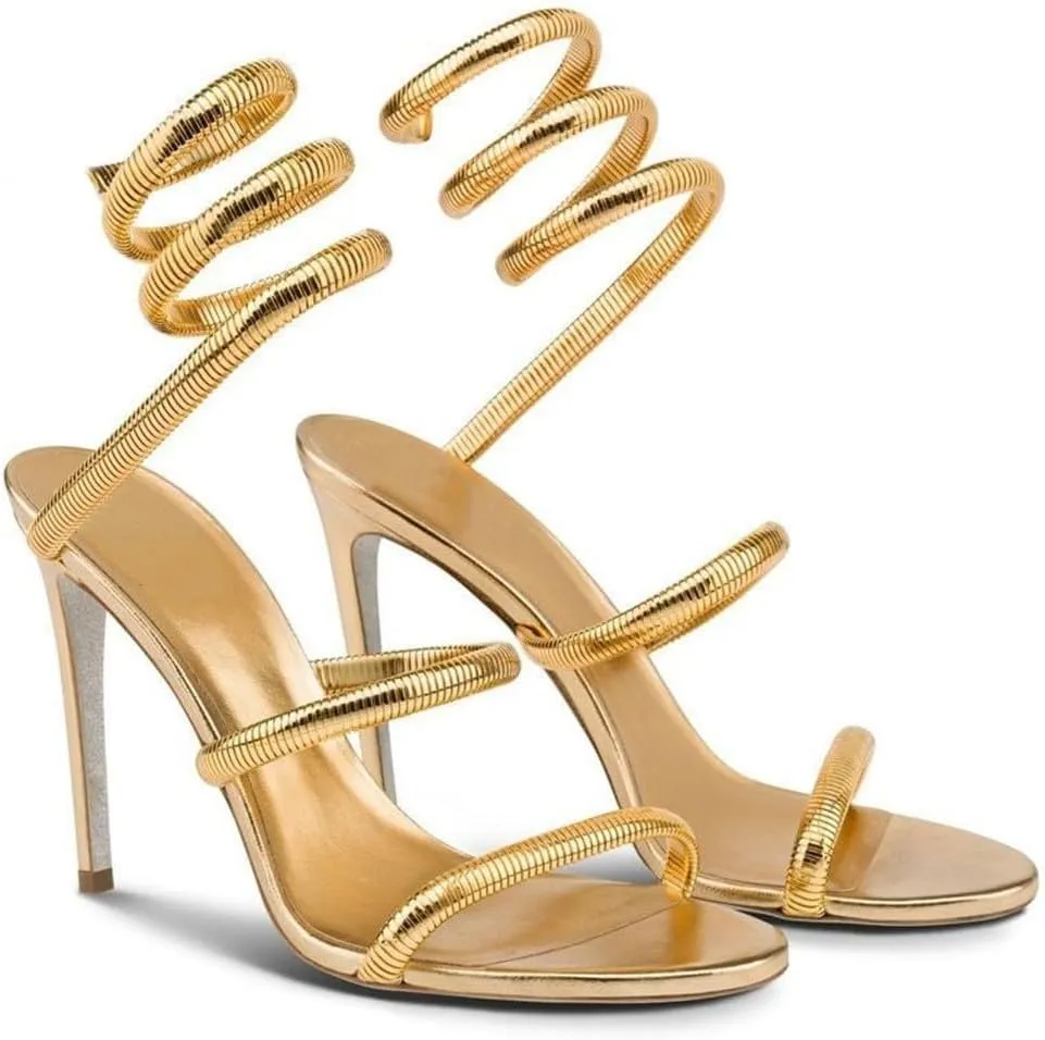 Perixir Gold Sparkly Rhinestone Heeled Sandals, Women's Snake Wrap 2023 Club Stiletto Heels, 3.9" Stiletto Pointed Prom Heels, Open Toe, US Size 6-12