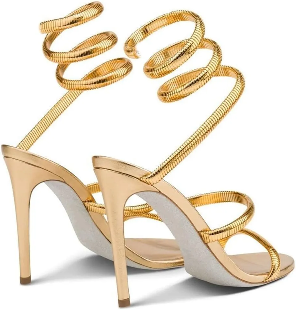 Perixir Gold Sparkly Rhinestone Heeled Sandals, Women's Snake Wrap 2023 Club Stiletto Heels, 3.9" Stiletto Pointed Prom Heels, Open Toe, US Size 6-12