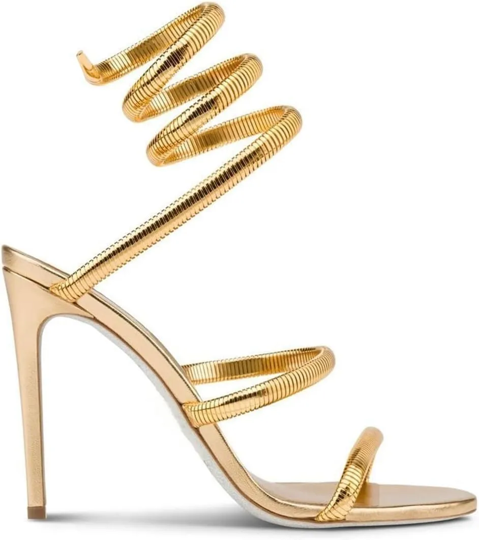 Perixir Gold Sparkly Rhinestone Heeled Sandals, Women's Snake Wrap 2023 Club Stiletto Heels, 3.9" Stiletto Pointed Prom Heels, Open Toe, US Size 6-12