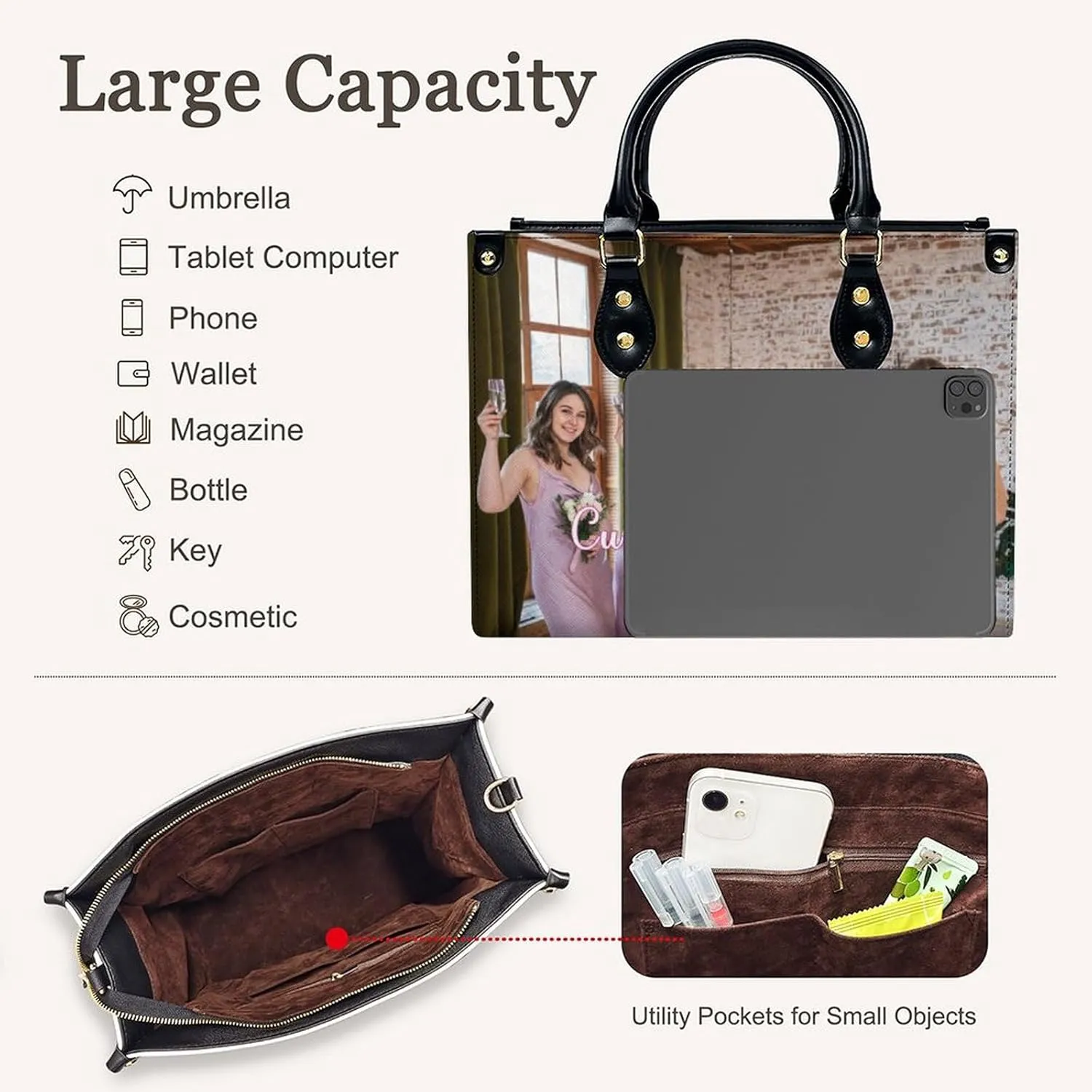 Personalized Handbag Gifts for Her - PU Leather Bags - Custom Women Tote Bag for Mother’s Day, Birthday, Wedding
