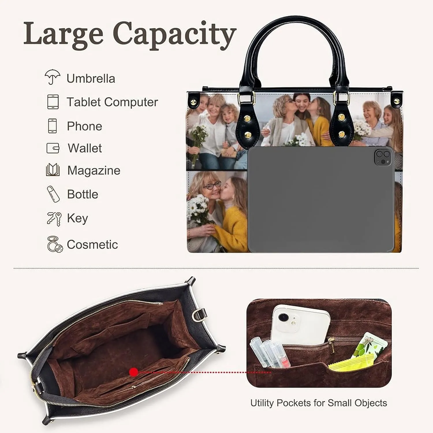 Personalized Handbag Gifts for Her - PU Leather Bags - Custom Women Tote Bag for Mother’s Day, Birthday, Wedding