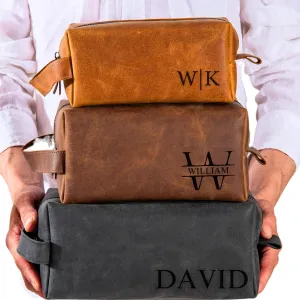 Personalized Leather Toiletry Bag for Men - Shaving Dopp Kit with Name & Initial - 4 Canvas & 12 Designs - Ideal Gift for Husband, Dad, Grandpa, Boyfriend for Anniversary, Birthday & Father's Day-Handmade