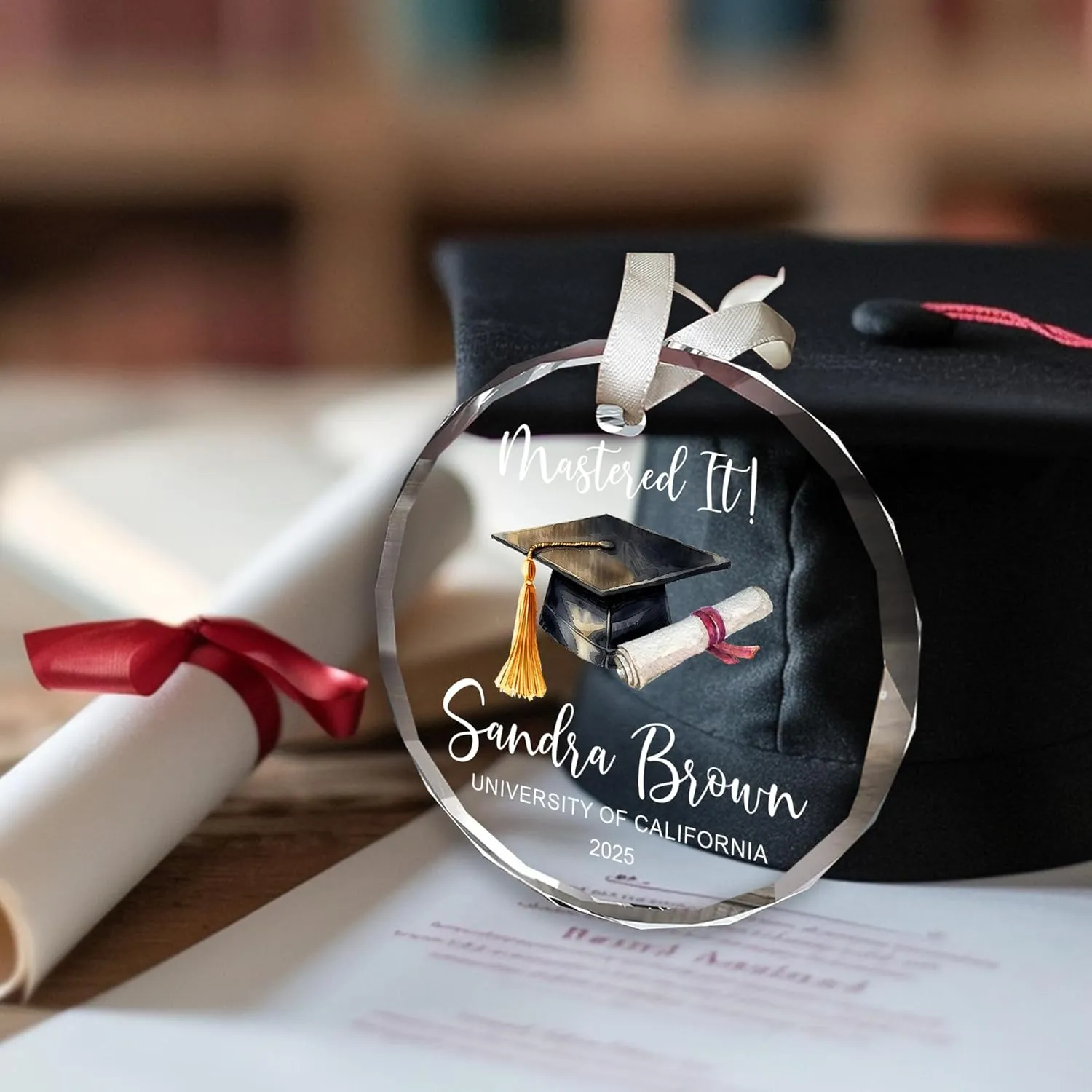 Personalized Mastered It Crystal Ornament – Customized Graduation Gift Her/Him, Class of 2025 Keepsake, High School College Graduate Glass Ornament, Custom Name & University Senior Year Decoration
