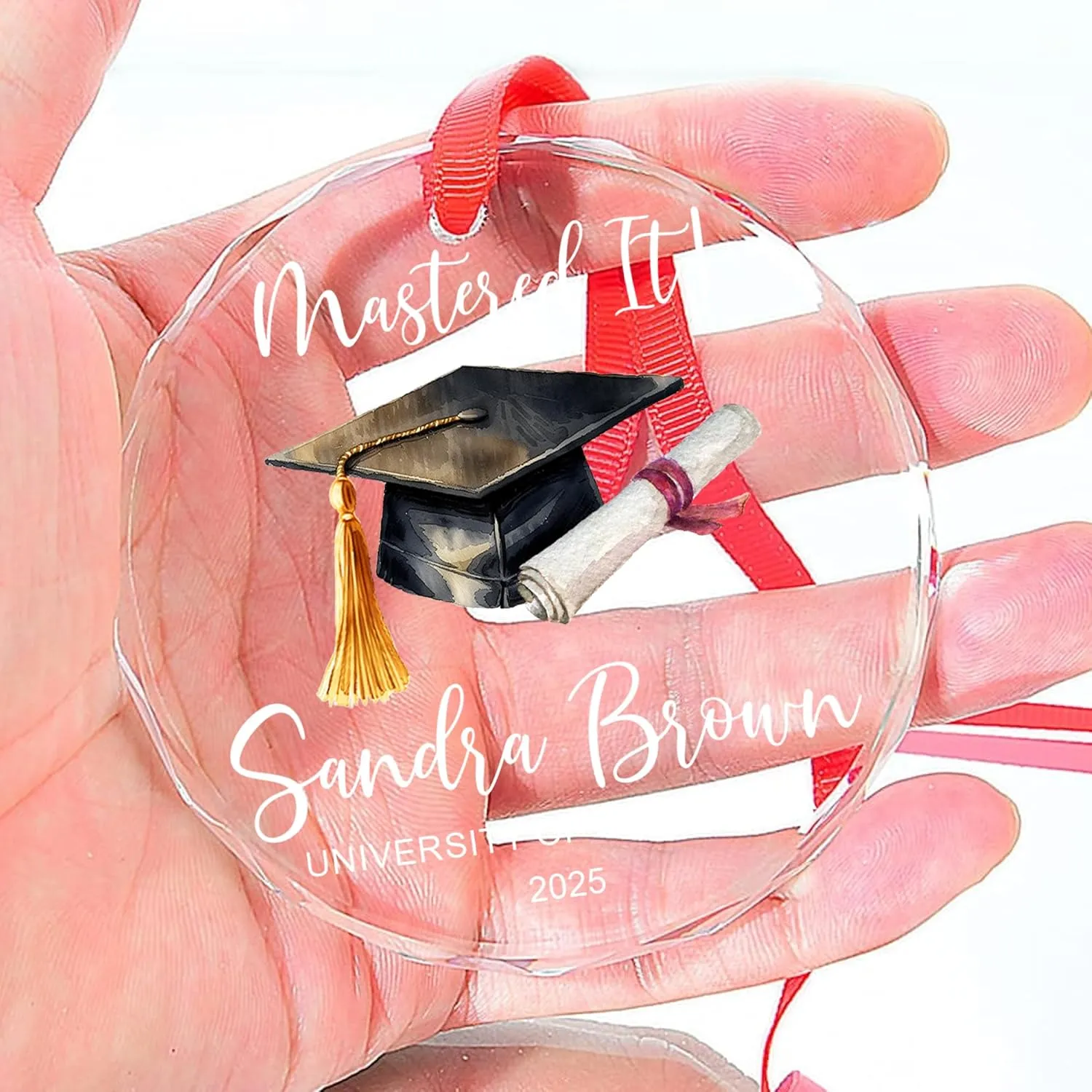 Personalized Mastered It Crystal Ornament – Customized Graduation Gift Her/Him, Class of 2025 Keepsake, High School College Graduate Glass Ornament, Custom Name & University Senior Year Decoration