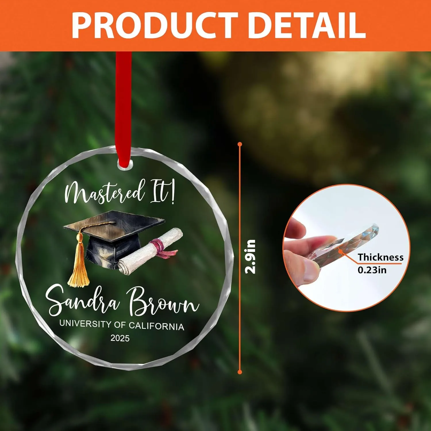 Personalized Mastered It Crystal Ornament – Customized Graduation Gift Her/Him, Class of 2025 Keepsake, High School College Graduate Glass Ornament, Custom Name & University Senior Year Decoration