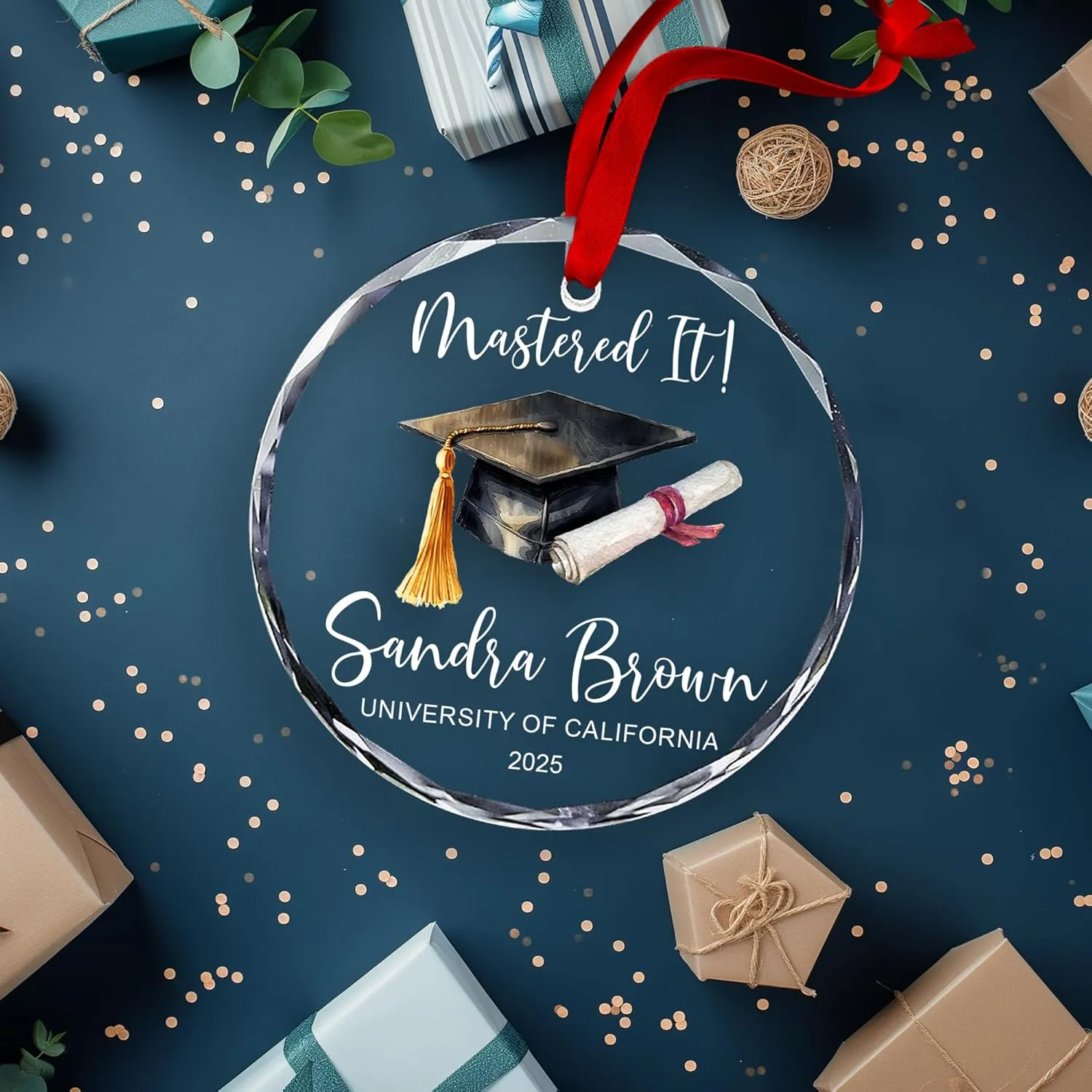 Personalized Mastered It Crystal Ornament – Customized Graduation Gift Her/Him, Class of 2025 Keepsake, High School College Graduate Glass Ornament, Custom Name & University Senior Year Decoration