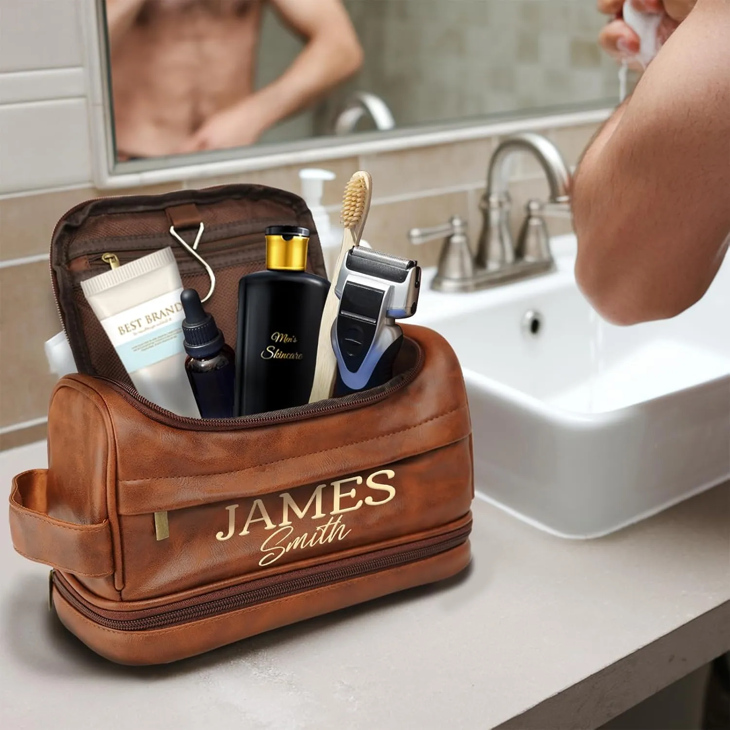 Personalized Toiletry Bag for Men, Custom Leather Travel Dopp Kit, Gifts for Him, Engraved with Pattern and Text, Gifts for Dad, Father, Husband, Boyfriend, Groomsmen, Traveler, Grandpa, Boys