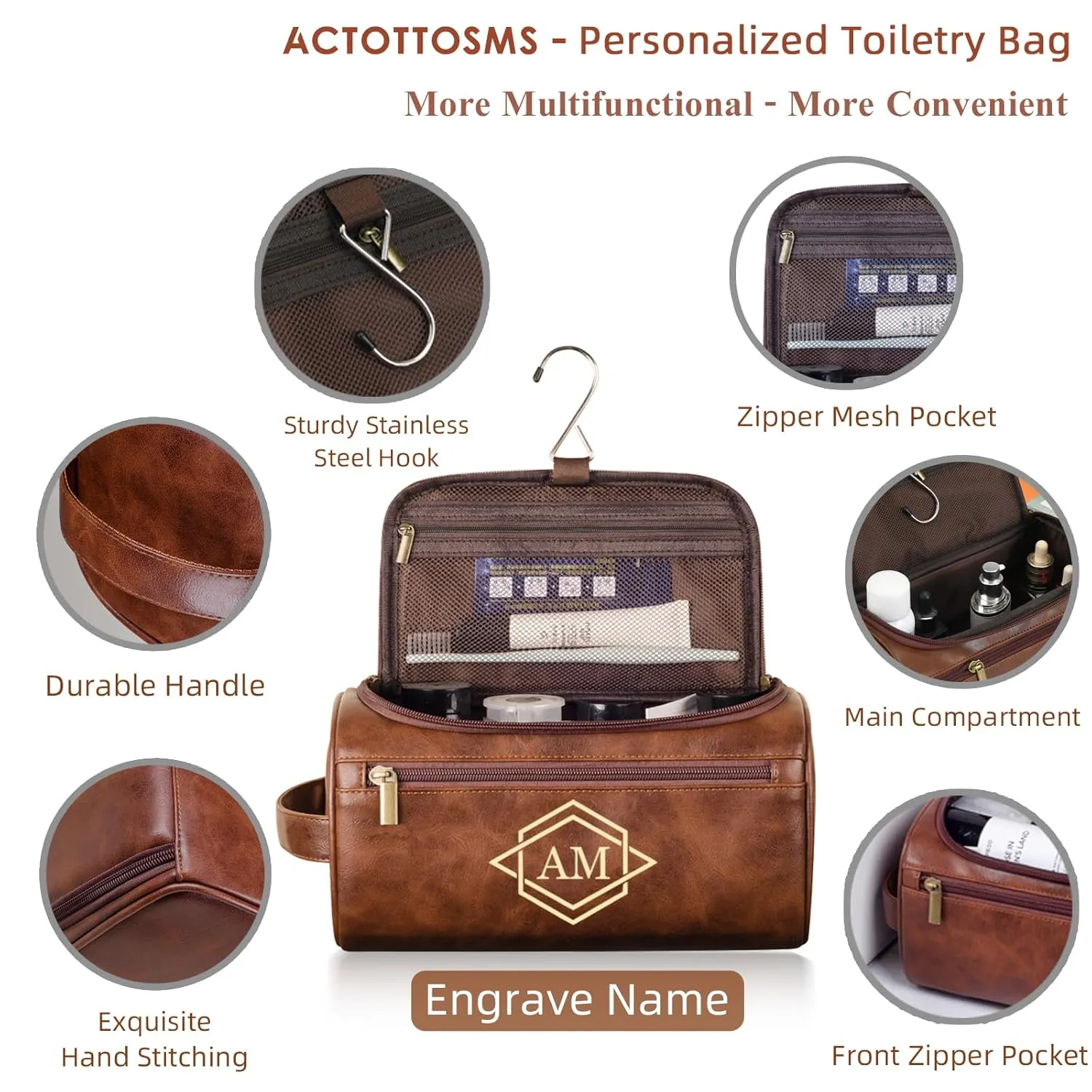 Personalized Toiletry Bag for Men, Customized PU Leather Dopp Kit Travel Bag with Monogram Name Initials, Handmade Gifts for Christmas, Thanksgiving, Groomsmen, Fathers Day, Wedding, Anniversary
