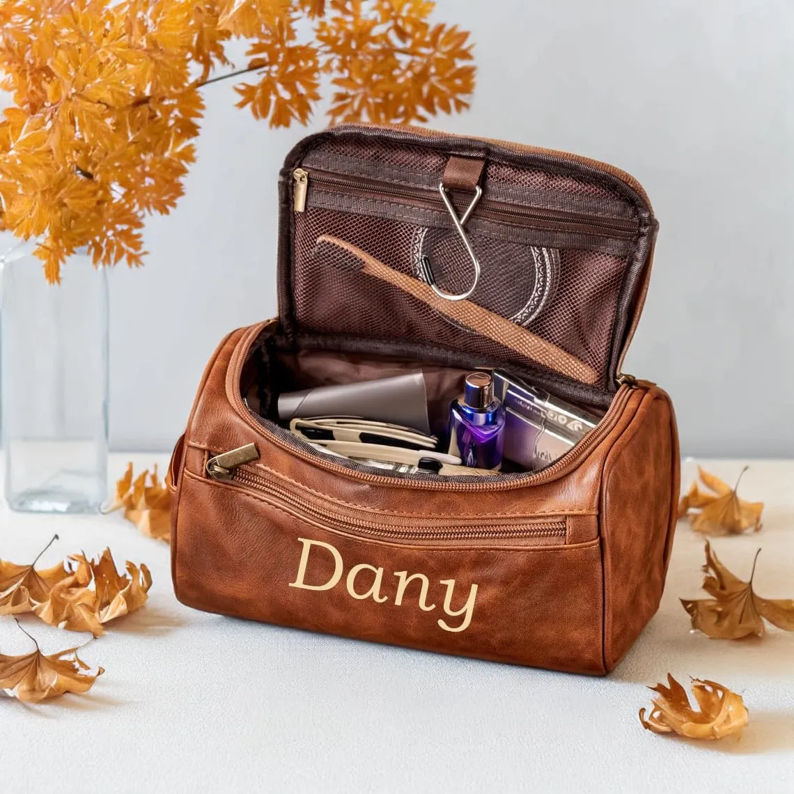Personalized Toiletry Bag for Men, Customized PU Leather Dopp Kit Travel Bag with Monogram Name Initials, Handmade Gifts for Christmas, Thanksgiving, Groomsmen, Fathers Day, Wedding, Anniversary