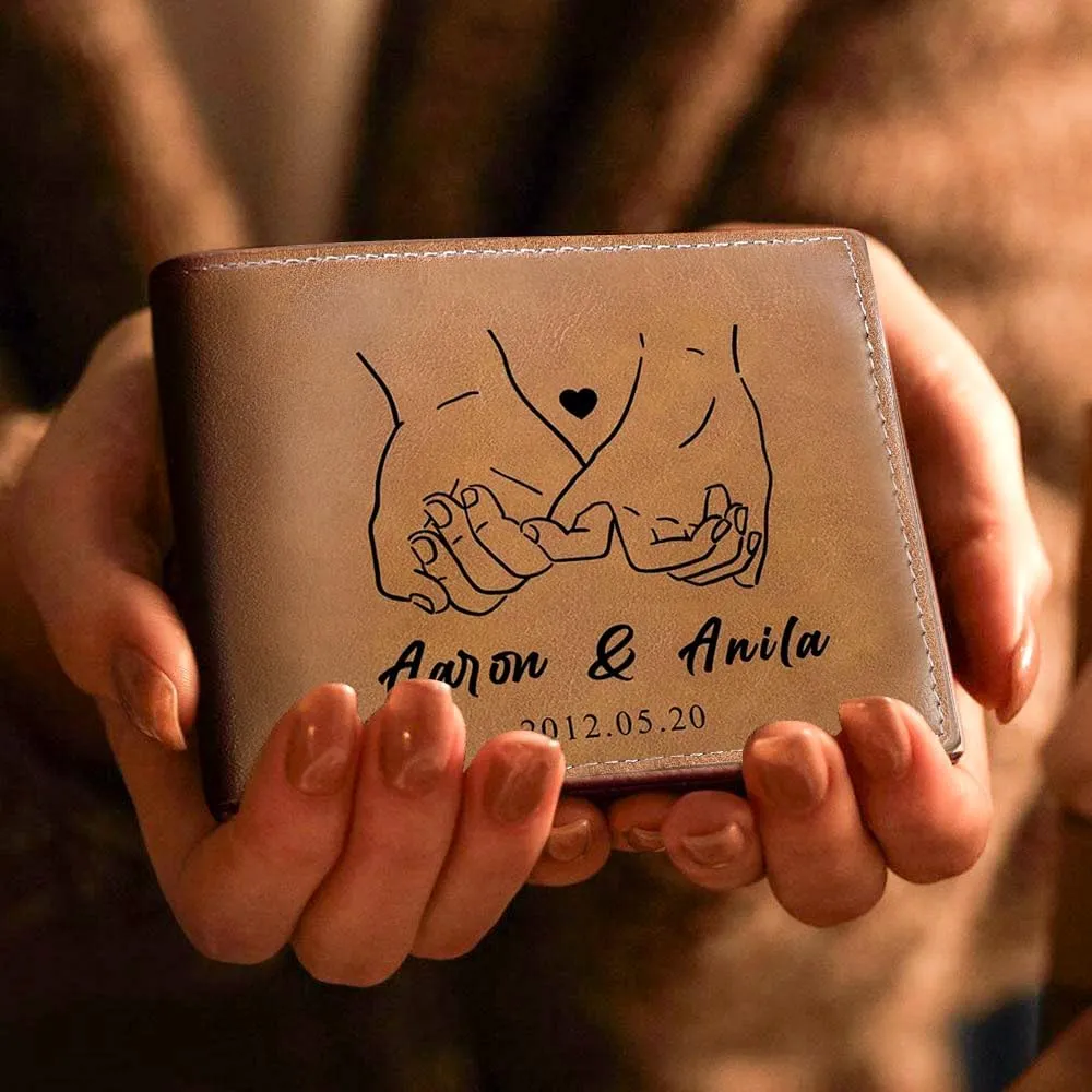 Personalized Wallet Gift for Men Boyfriend Custom Name Mens Leather Bi-fold Wallet with Pinky Promise Couple Gifts for Him Husband Valentines Anniversary Birthday (Brown Pinky Promise)