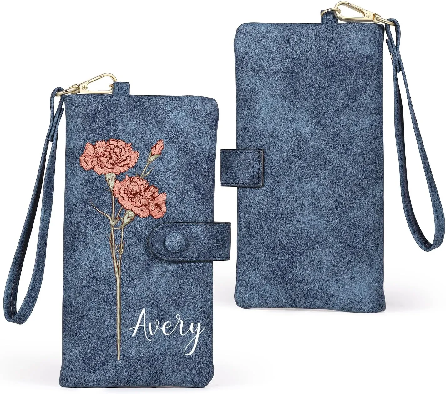 Personalized Wristlet Wallet for Women – Custom PU Leather Wallet with Name & Birthflower – Womens Wallet Purse with Gift Box – Mothers Day Gifts for Mom Her