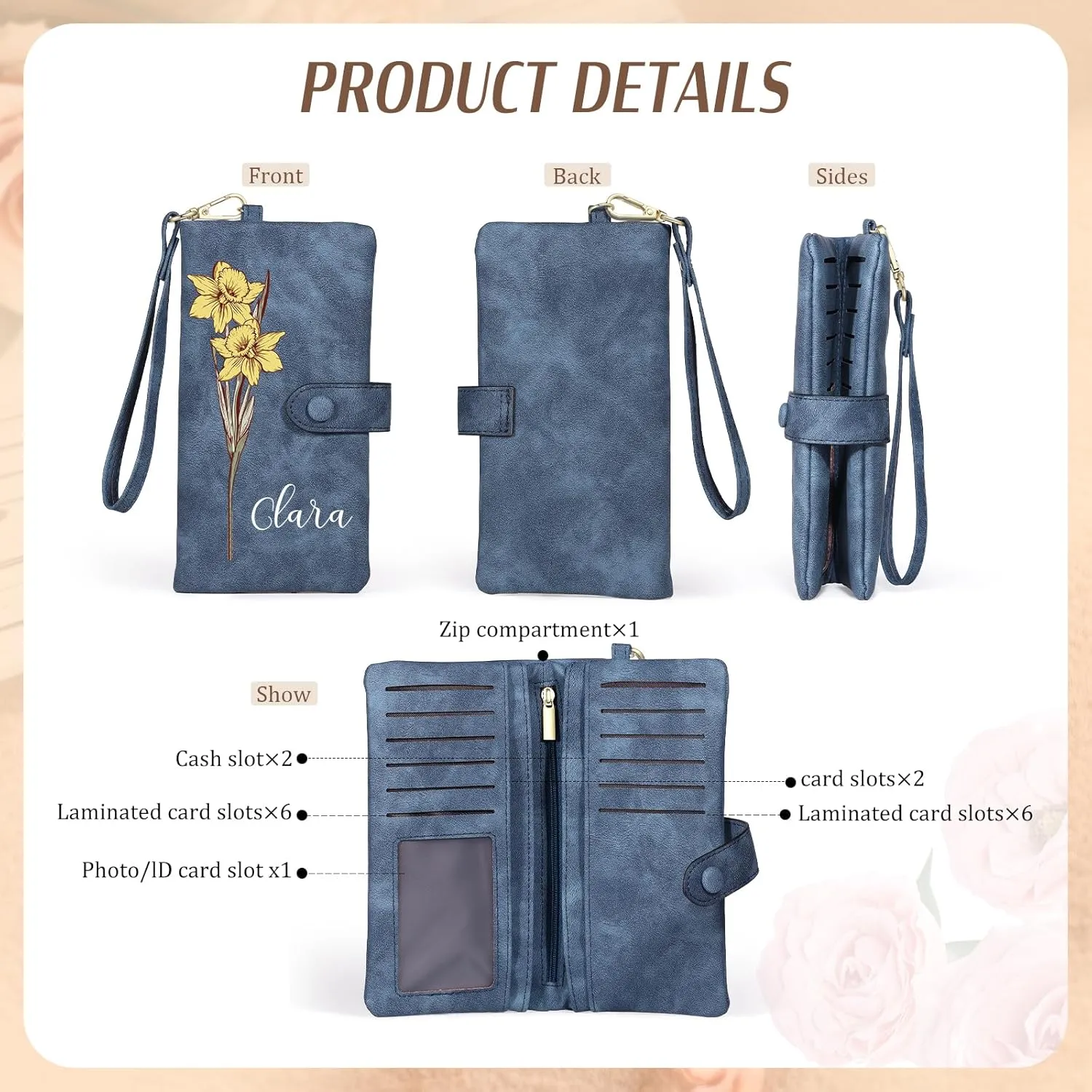 Personalized Wristlet Wallet for Women – Custom PU Leather Wallet with Name & Birthflower – Womens Wallet Purse with Gift Box – Mothers Day Gifts for Mom Her