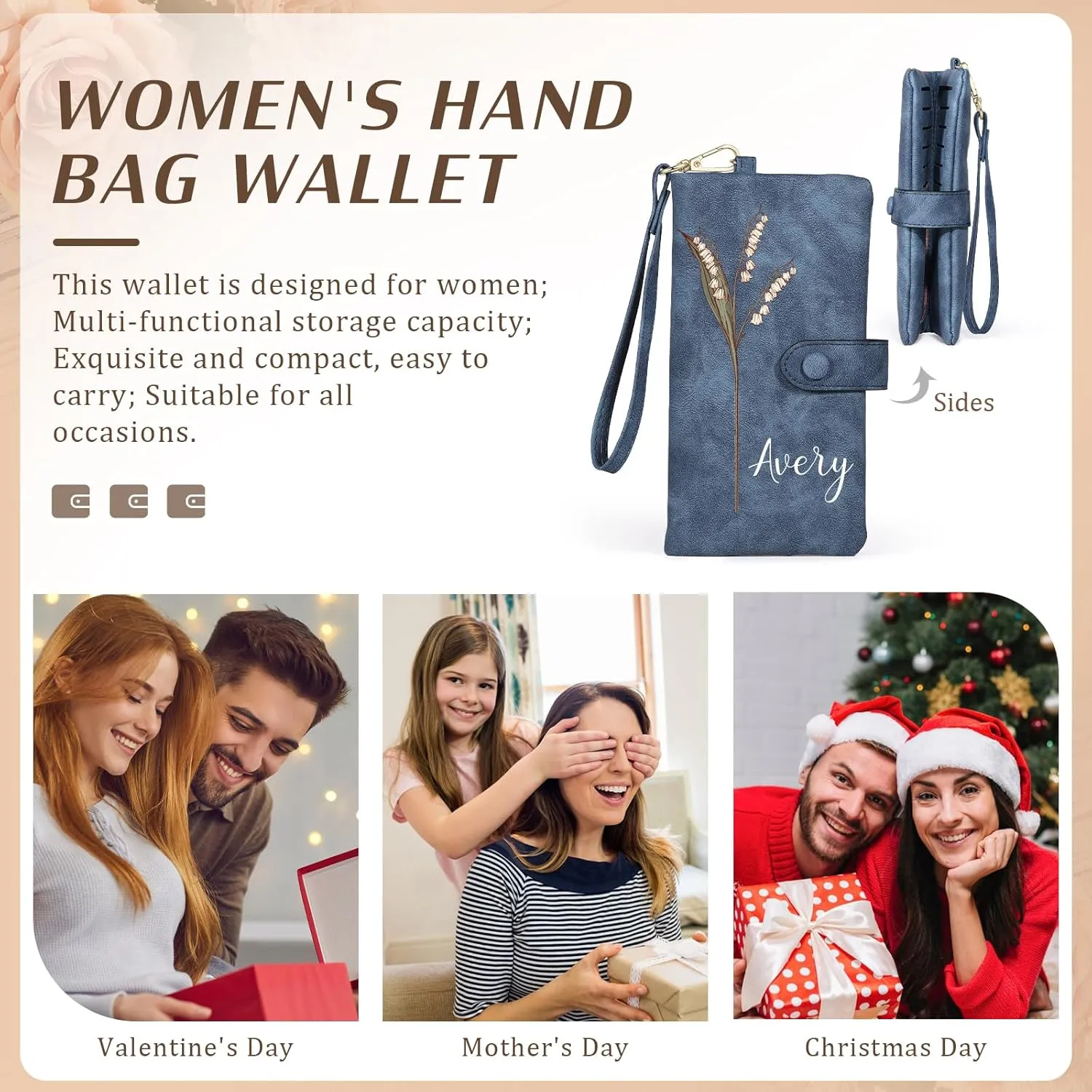 Personalized Wristlet Wallet for Women – Custom PU Leather Wallet with Name & Birthflower – Womens Wallet Purse with Gift Box – Mothers Day Gifts for Mom Her