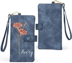 Personalized Wristlet Wallet for Women – Custom PU Leather Wallet with Name & Birthflower – Womens Wallet Purse with Gift Box – Mothers Day Gifts for Mom Her