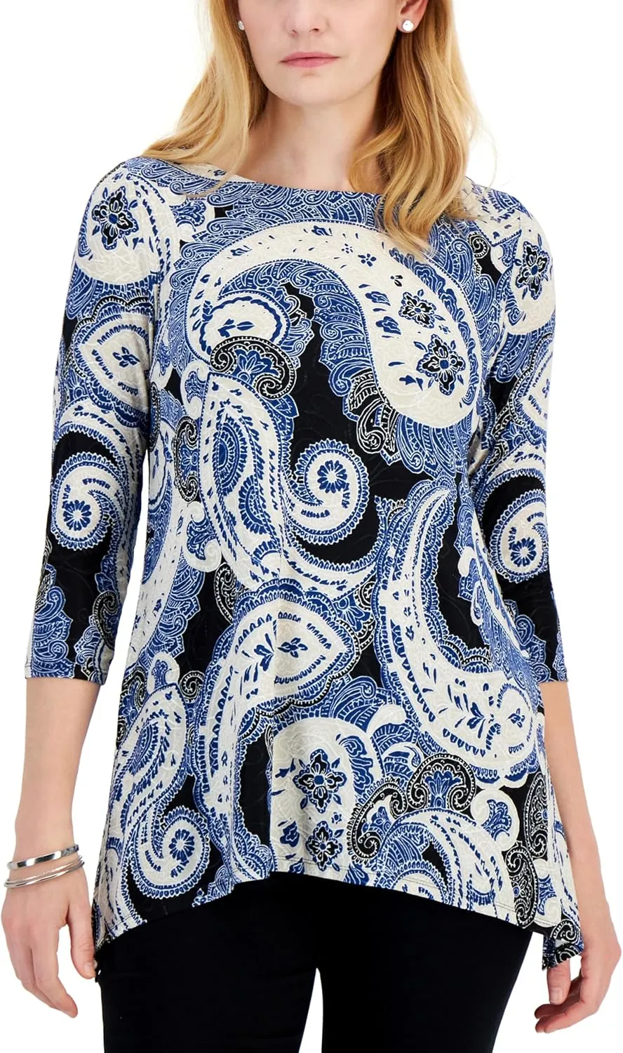 Petite Printed Jacquard Top Deep Black Combo PS