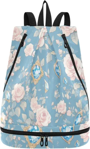 Pink romantic rose sapphire Drawstring sport bags yoga bag for men with Wet Dry Compartments