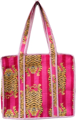 Pink Tiger Print Cotton Tote Bag, 16x18x5.5 inches, Unisex-Adults, Boho Style, Animal Print, Handmade, 2.5 Gallon Capacity, 1 Interior Pocket, Double Handle, 100% Cotton