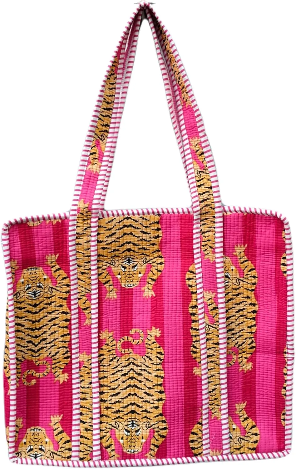 Pink Tiger Print Cotton Tote Bag, 16x18x5.5 inches, Unisex-Adults, Boho Style, Animal Print, Handmade, 2.5 Gallon Capacity, 1 Interior Pocket, Double Handle, 100% Cotton