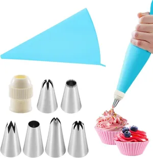Piping Bags and Tips Set,Cake Decorating Supplies,14 inch TPU Piping Bag,6 Medium Cupcake Stainless Steel Icing Tips,1 Coupler