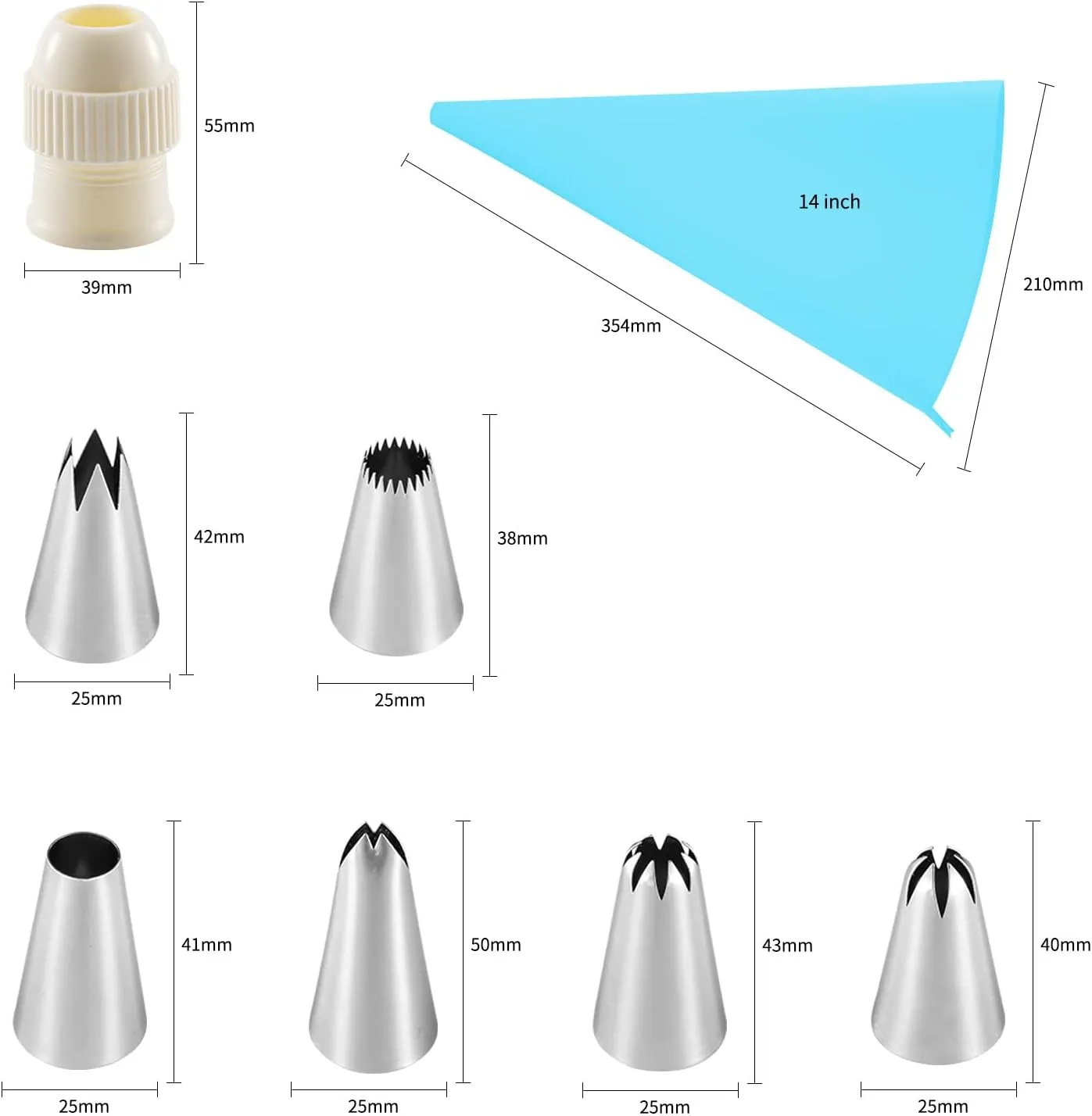 Piping Bags and Tips Set,Cake Decorating Supplies,14 inch TPU Piping Bag,6 Medium Cupcake Stainless Steel Icing Tips,1 Coupler