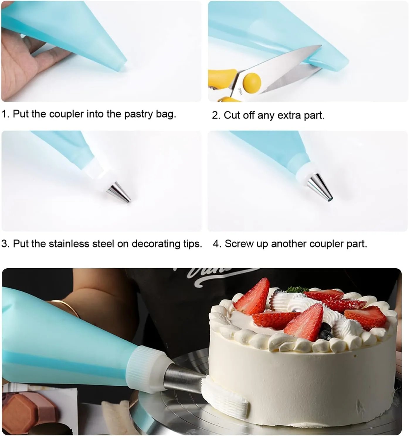 Piping Bags and Tips Set,Cake Decorating Supplies,14 inch TPU Piping Bag,6 Medium Cupcake Stainless Steel Icing Tips,1 Coupler