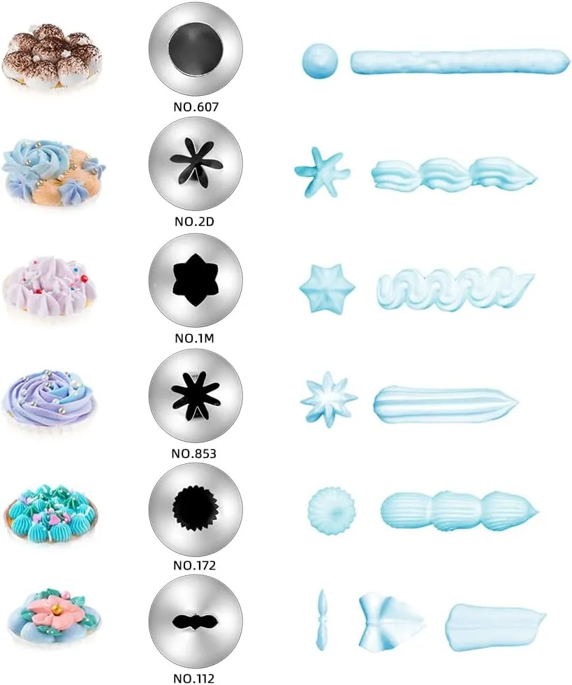 Piping Bags and Tips Set,Cake Decorating Supplies,14 inch TPU Piping Bag,6 Medium Cupcake Stainless Steel Icing Tips,1 Coupler