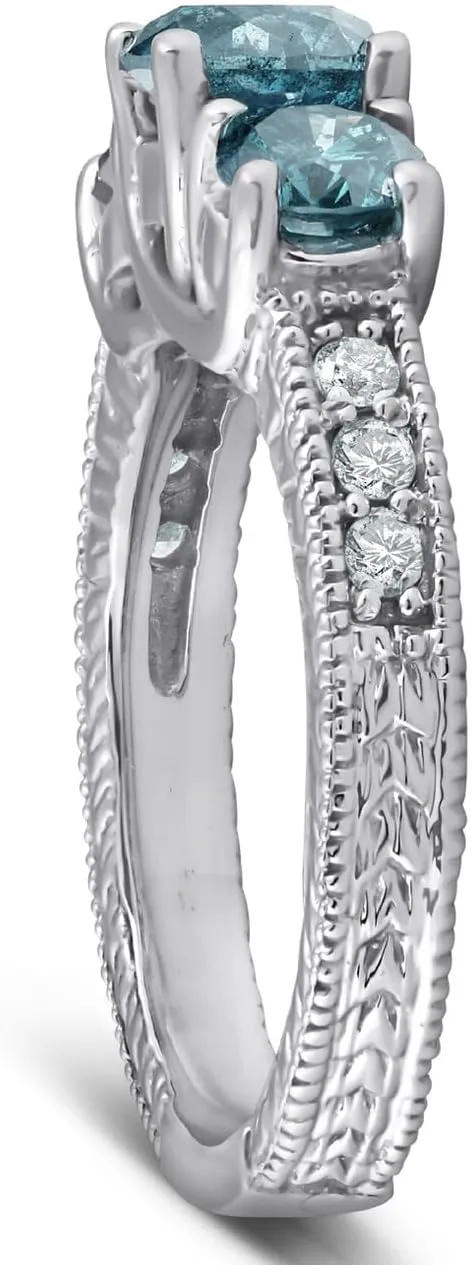 Pompeii 1 1/2 Ct Three Stone Vintage Blue Diamond Engagement Ring 14k White Gold Antique