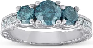 Pompeii 1 1/2 Ct Three Stone Vintage Blue Diamond Engagement Ring 14k White Gold Antique