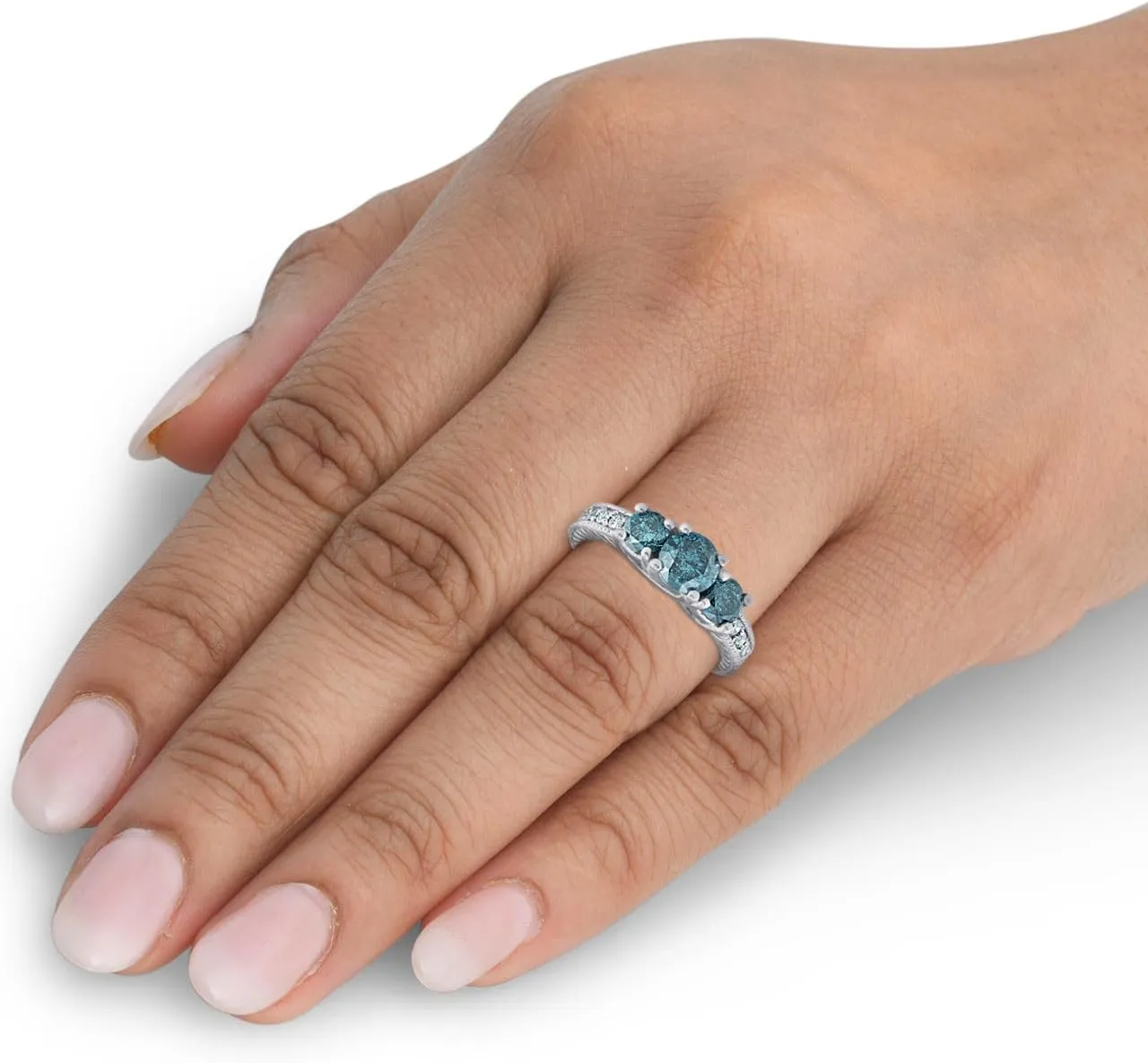 Pompeii 1 1/2 Ct Three Stone Vintage Blue Diamond Engagement Ring 14k White Gold Antique
