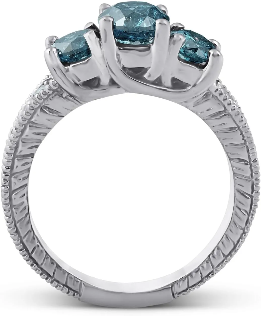 Pompeii 1 1/2 Ct Three Stone Vintage Blue Diamond Engagement Ring 14k White Gold Antique