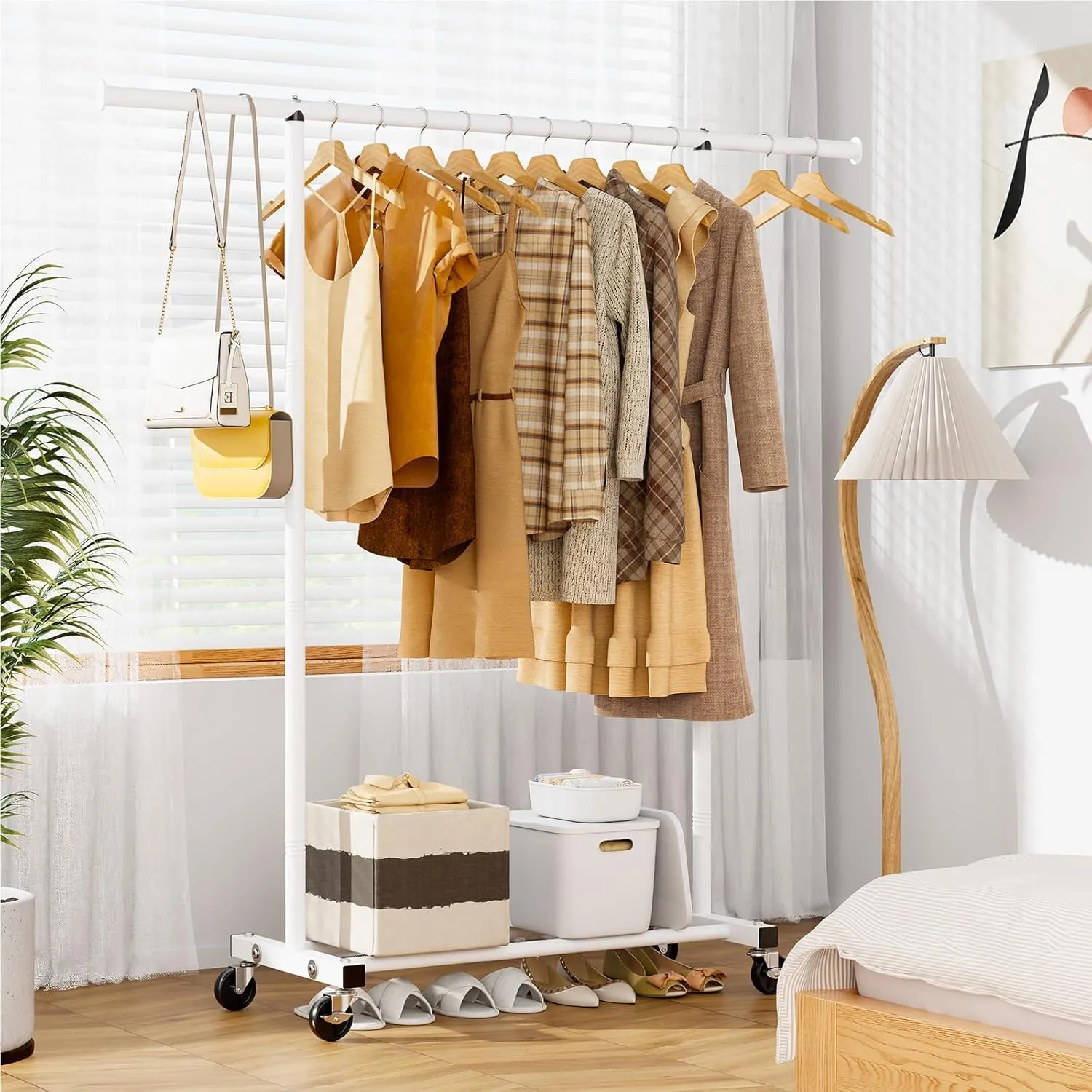 Portable Clothing Clothes Garment Rack Wheels,46.5" L Sturdy Clothing Racks for Hanging Clothes, Metal Wardrobe Closet Rack Clothes Storage Organizer for Coats, Shirts, Dress, White