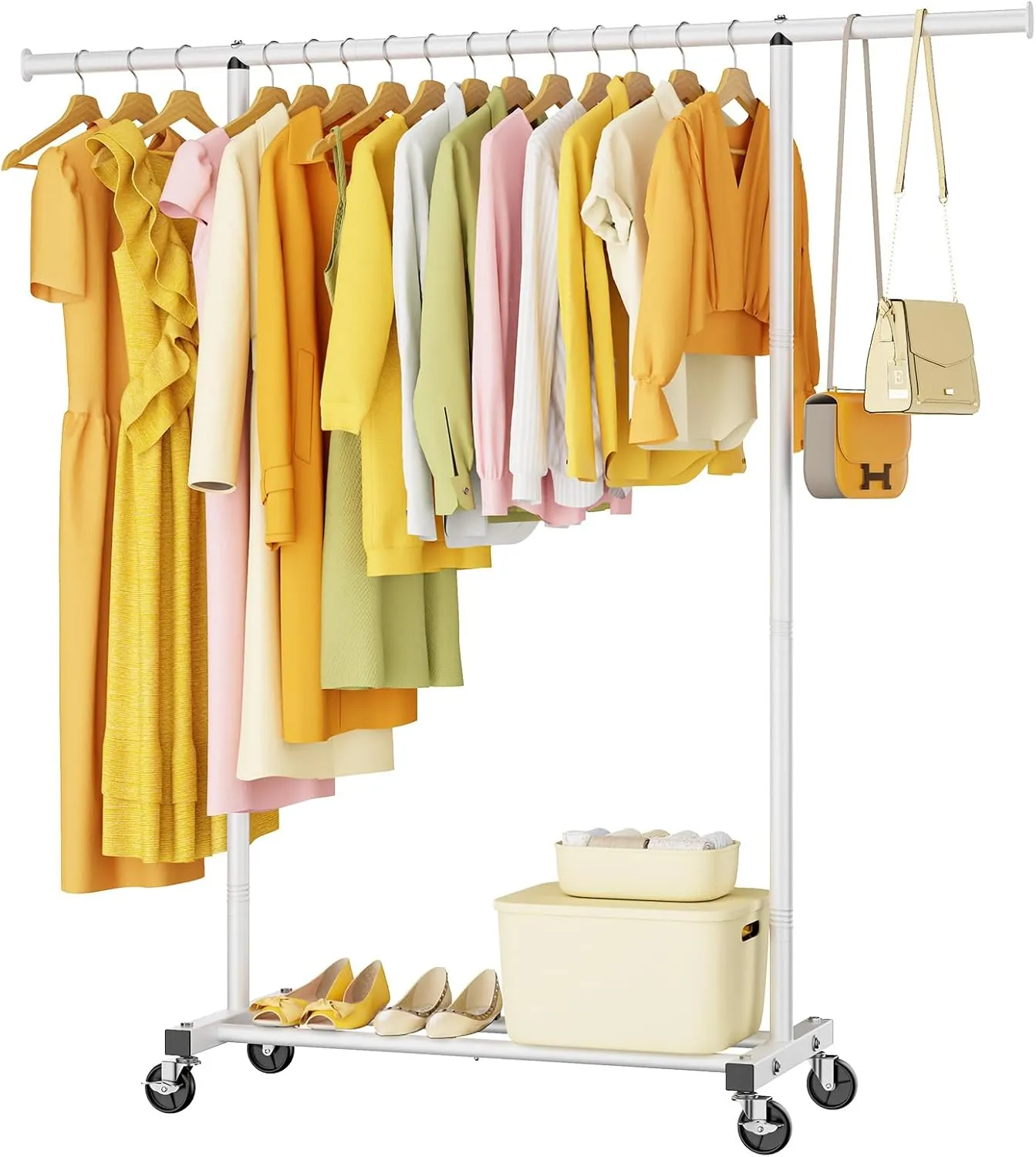 Portable Clothing Clothes Garment Rack Wheels,46.5" L Sturdy Clothing Racks for Hanging Clothes, Metal Wardrobe Closet Rack Clothes Storage Organizer for Coats, Shirts, Dress, White