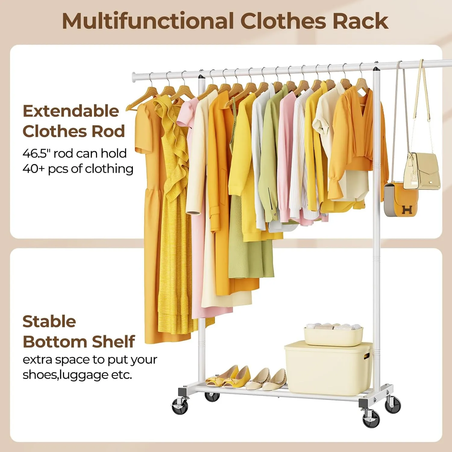 Portable Clothing Clothes Garment Rack Wheels,46.5" L Sturdy Clothing Racks for Hanging Clothes, Metal Wardrobe Closet Rack Clothes Storage Organizer for Coats, Shirts, Dress, White