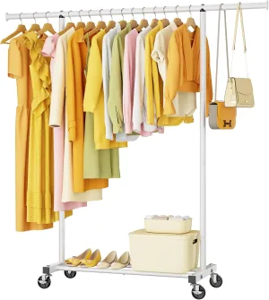 Portable Clothing Clothes Garment Rack Wheels,46.5" L Sturdy Clothing Racks for Hanging Clothes, Metal Wardrobe Closet Rack Clothes Storage Organizer for Coats, Shirts, Dress, White