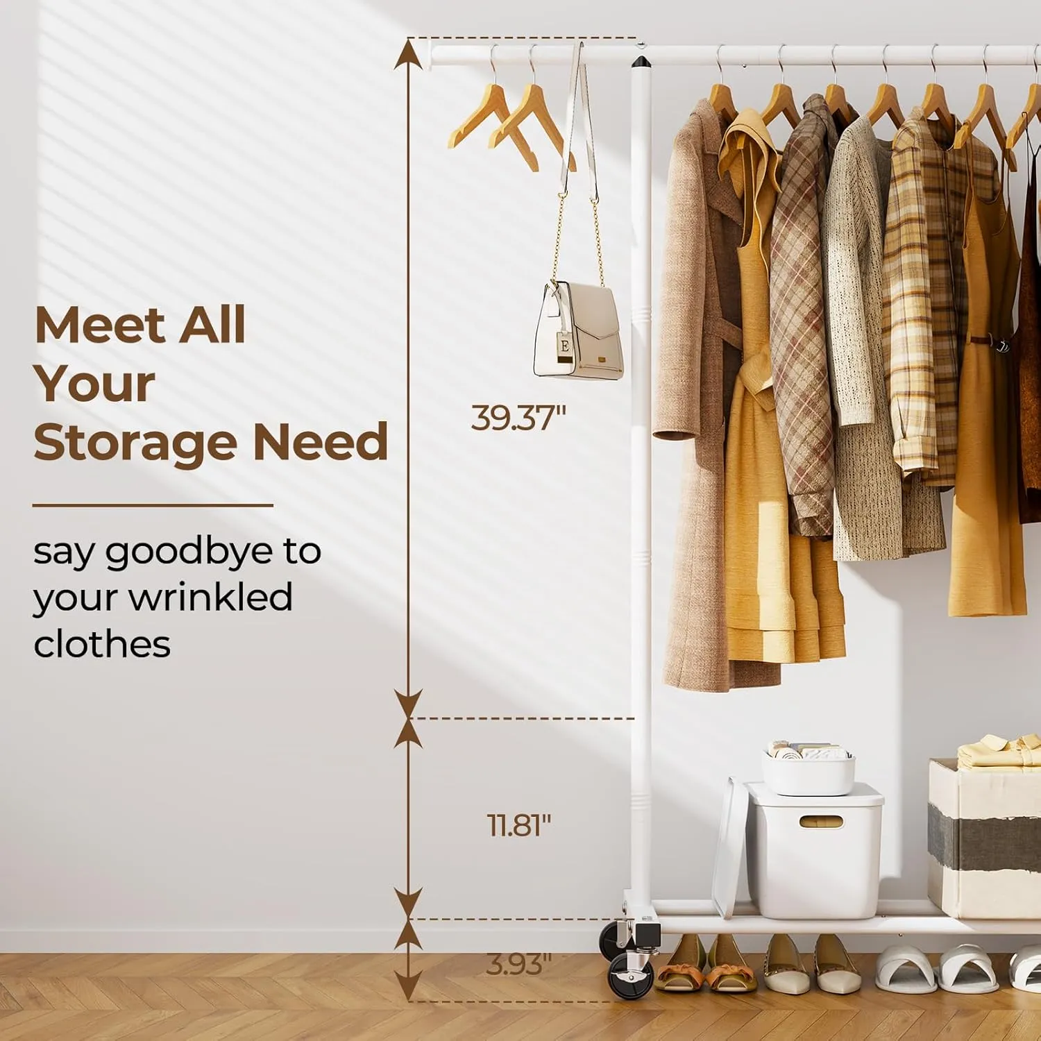 Portable Clothing Clothes Garment Rack Wheels,46.5" L Sturdy Clothing Racks for Hanging Clothes, Metal Wardrobe Closet Rack Clothes Storage Organizer for Coats, Shirts, Dress, White