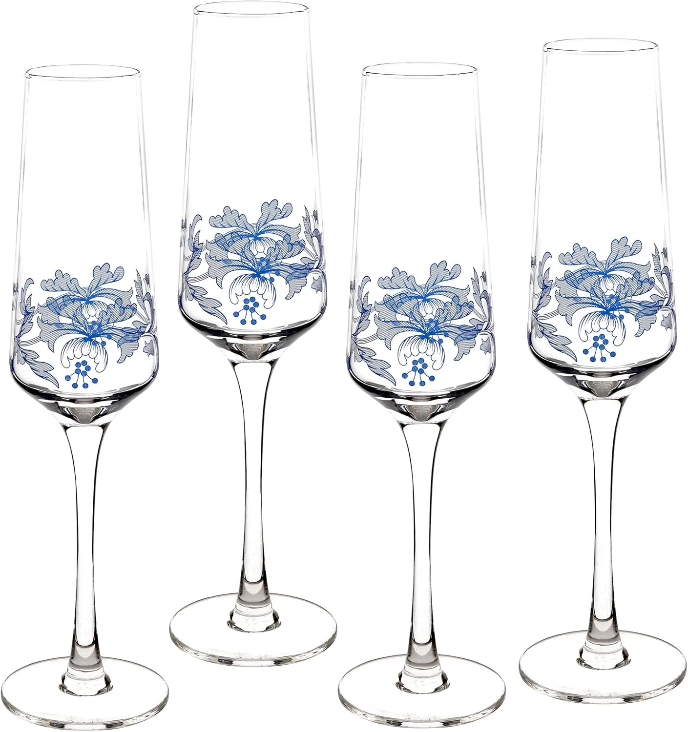 Portmeirion Blue Italian Champagne Flutes | Set of 4 Tall Champagne Glasses | 8Ounce Capacity | Long Stem Glasses for Drinking Mimosa or Sparkling Wine | Handwash Only