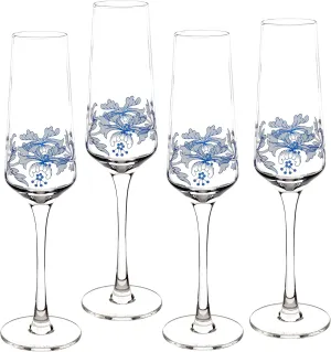 Portmeirion Blue Italian Champagne Flutes | Set of 4 Tall Champagne Glasses | 8Ounce Capacity | Long Stem Glasses for Drinking Mimosa or Sparkling Wine | Handwash Only