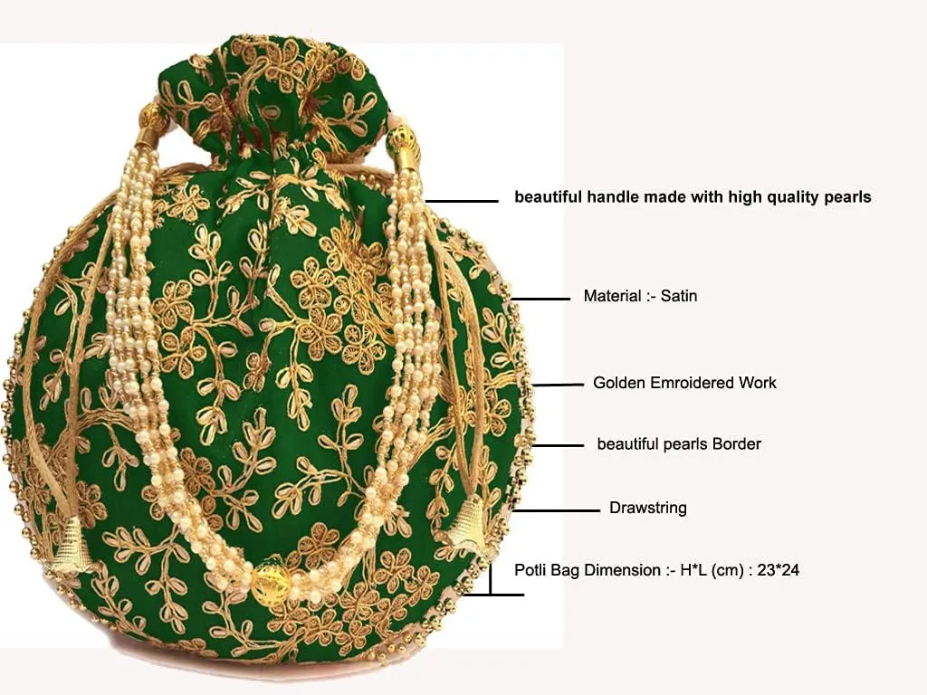 Potli Bag For Women Ethnic Designer Embroidery Work Batwa Pearls Handle With Intricate