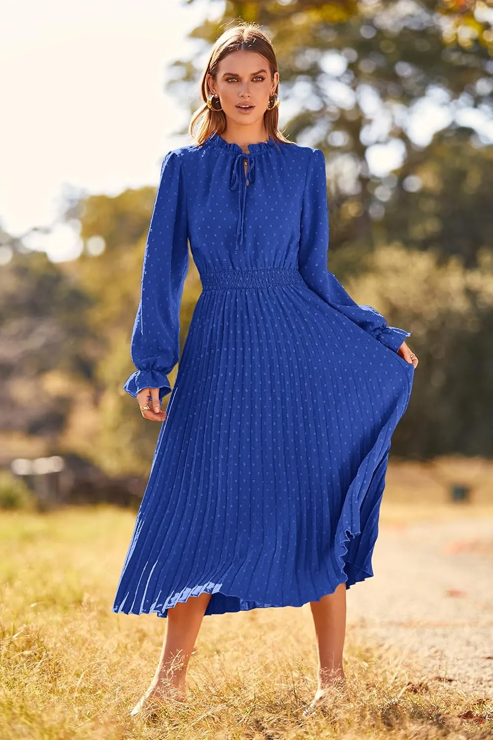 PRETTYGARDEN Women's 2025 Spring Fall Midi Dress Casual Long Sleeve V Neck Swiss Dot Pleated A Line Flowy Dresses