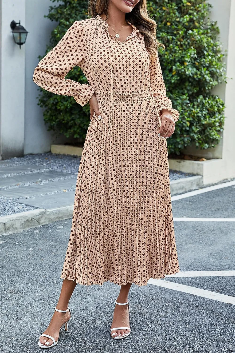 PRETTYGARDEN Women's 2025 Spring Fall Midi Dress Casual Long Sleeve V Neck Swiss Dot Pleated A Line Flowy Dresses