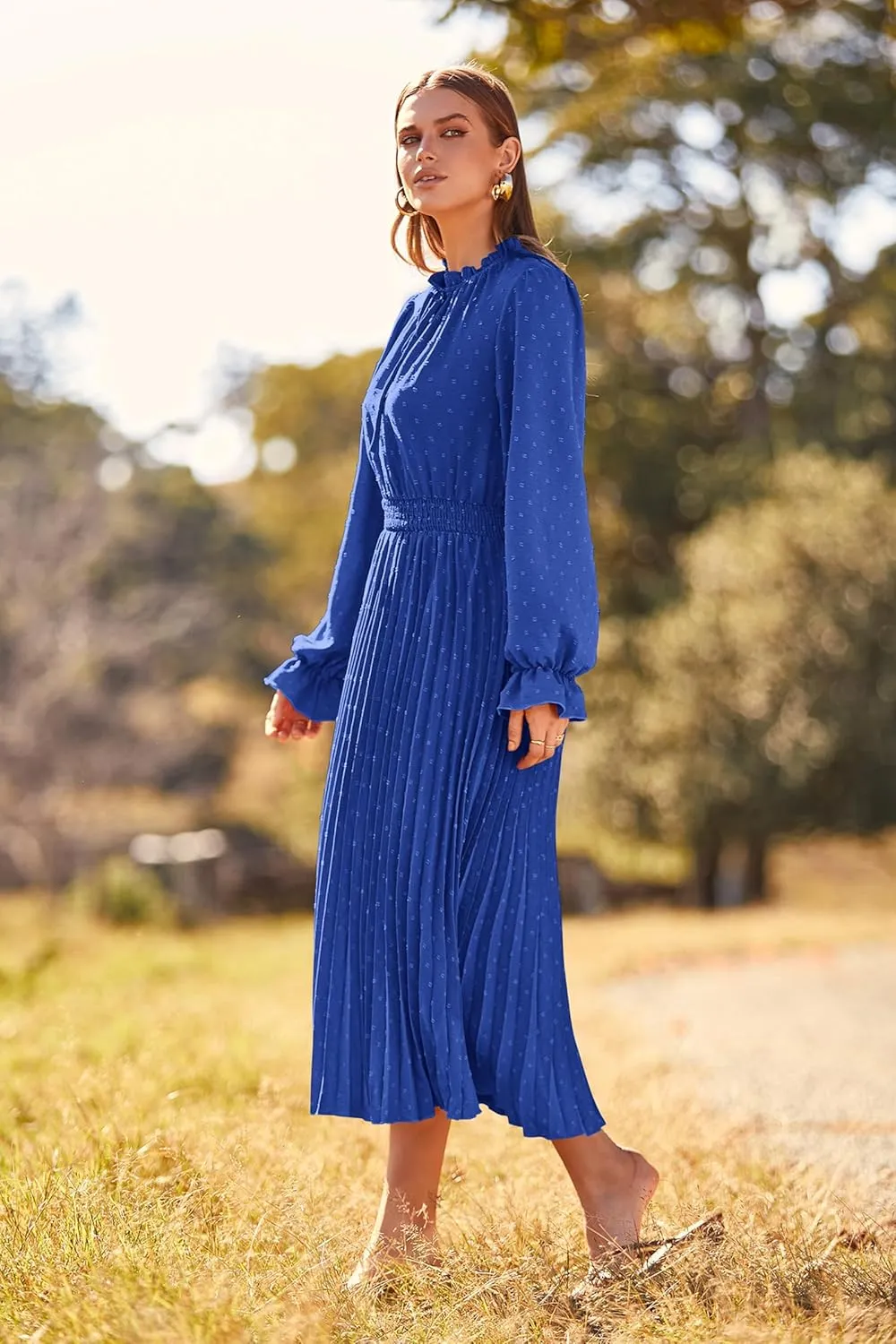 PRETTYGARDEN Women's 2025 Spring Fall Midi Dress Casual Long Sleeve V Neck Swiss Dot Pleated A Line Flowy Dresses